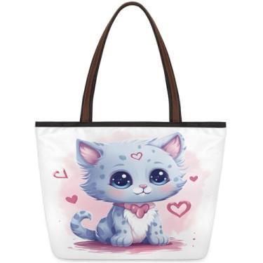 Imagem de Sacola grande para mulheres gato coração fofura trabalho sacos de pano com zíper reutilizável mercearia bolsa casual viagem pernoite bolsa bolsa adequada para viagens, trabalho, férias, praia, compras