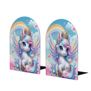 Imagem de Belo unicórnio colorido grande suporte de livros de madeira decorativo antiderrapante resistente terminais de livro para mesa de escritório em casa biblioteca de estudo escolar divisórias de livros