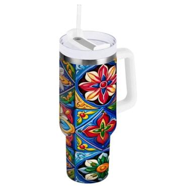 Imagem de Blueangle Copo isolado de 850 g com alça e tampa de canudo - Caneca de viagem de aço inoxidável à prova de vazamento, garrafa de água de cerâmica mexicana a vácuo de parede dupla (603)