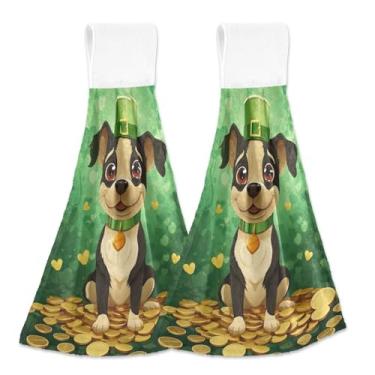 Imagem de Blueangle 2 peças de toalhas de gravata penduradas para cachorro de São Patrício toalha de mão de cozinha absorvente de veludo coral macio pano de prato para cozinha e banheiro (107)