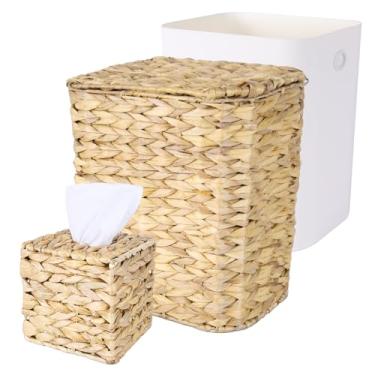 Imagem de ARQRHTLY Conjunto de capa de lata de lixo de vime e caixa de lenços tecida à mão, cesto de lixo de vime com tampa e forro, boho, decorativo, jacinto de água, porta-guardanapos quadrado para banheiro