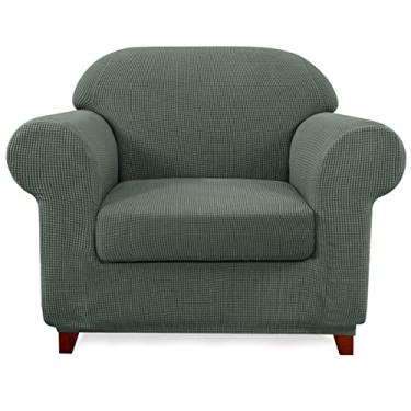 Imagem de SUBRTEX Capa de sofá para poltrona elástica, 2 peças, capa de sofá macia de 1 assento, lavável, tecido jacquard, xadrez pequeno (verde-oliva, poltrona)