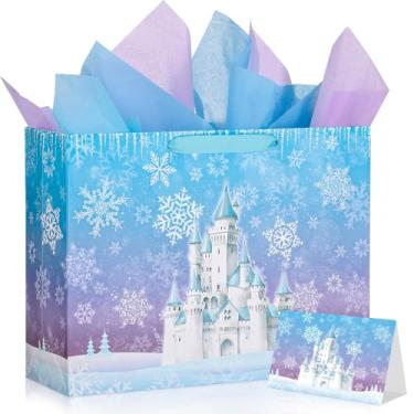 Imagem de woric Saco de presente grande Frozen com papel de seda e cartão comemorativo, sacos de presente de castelo azul e roxo de 37 cm, sacos de festa congelados para meninas, crianças, aniversário, inverno