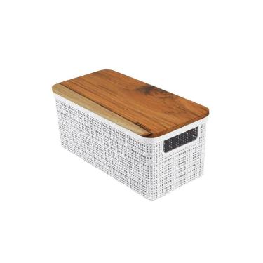 Imagem de Cesto Organizador Juta de Plástico Resistente Com Tampa de Madeira Capacidade 3,7 Litros Branco