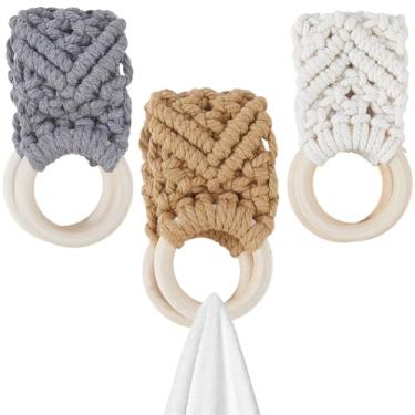 Imagem de CREATCABIN Suporte de toalha de crochê feito à mão, 3 peças, 3 cores, cabide de toalha de malha com anel de madeira para pendurar toalha boho macramê cozinha suporte de toalha de prato para armário de