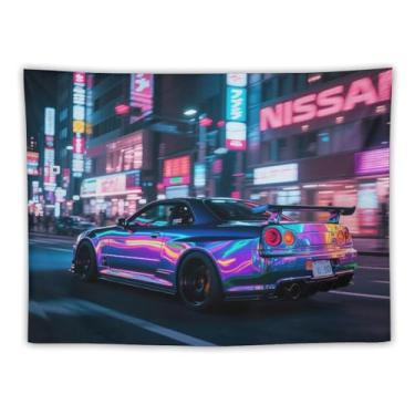 Imagem de HouLaiZhe JDM Tapeçaria de carro Jdm R34 esportes velocidade cidade noite pendurar na parede quarto decoração de casa tapeçarias estética piquenique decoração de parede arte de parede para dormitório