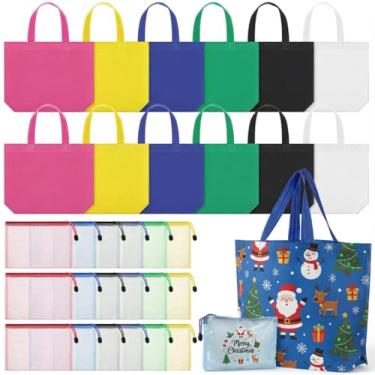 Imagem de Amylove 72 bolsas de presente, 36 sacolas não tecidas com alças, 36 pequenas bolsas de malha com zíper PVC grande, multiuso, reutilizável, multicor, para suprimentos de paty, Halloween, Natal