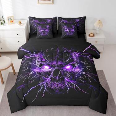Imagem de Erosebridal Jogo de cama gótico Queen em uma bolsa, conjunto de cama queen com 7 peças, caveira de açúcar, osso gótico, roxo relâmpago, decoração exótica de esqueleto de Halloween