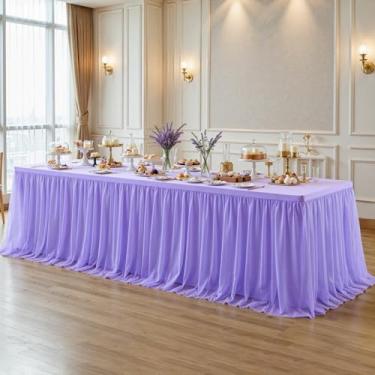 Imagem de Toalhas de mesa 2 em 1 de tule lavanda com saia para mesas retangulares de 2 metros de altura, toalha de mesa tutu com babados para festa de casamento, recepção de casamento, aniversário, chá de bebê