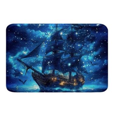 Imagem de Erosebridal Conjunto de tapete de banheiro pirata infantil 40,6 cm x 61 cm, tapete de banho náutico de barco à vela para decoração de quarto de meninos, masculino, azul petróleo, oceano marinho,