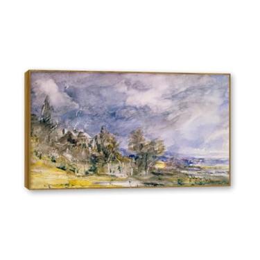 Imagem de Moldura de teca. Arte em tela romantismo estilo constável, (trilha de poço próximo), pintura de paisagem inglesa emoldurada, decoração de parede elegante para sala de estar escritório. 70 x 119 cm