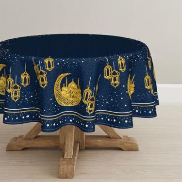Imagem de Horaldaily Toalha de mesa Ramadã redonda 177 × 177 cm, Eid Al-Adha Mubarak, lavável, sazonal, azul, para decoração de festa, piquenique, jantar