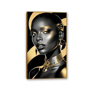 Imagem de SDYJ6GSW Pôster feminino preto menina afro-americana ouro e preto pintura em tela arte de parede mulheres retrato decoração sala de estar quarto banheiro decoração 60x100 cm (24x39in) cor teca