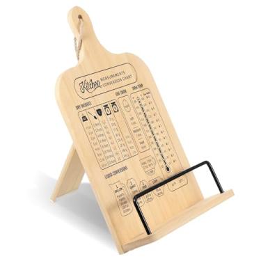 Imagem de COMNICO Suporte de livro de receitas de bambu para balcão de cozinha, suporte dobrável para livros de culinária com tabela de conversão de medidas, acessórios essenciais para guardar livros de