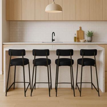 Imagem de Banqueta Cozinha Média Com Encosto Industrial Preto Kit 4 Londres Pu Preto D03 - D`rossi