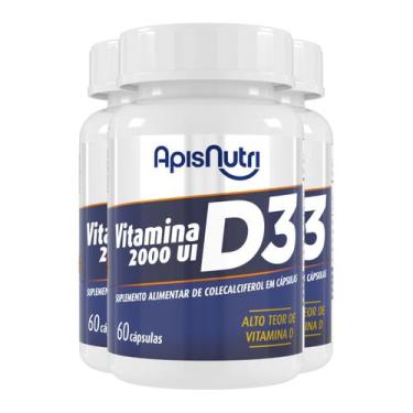 Imagem de Kit 3 Vitamina D3 Colecalciferol 2000UI Apisnutri 60 cápsulas