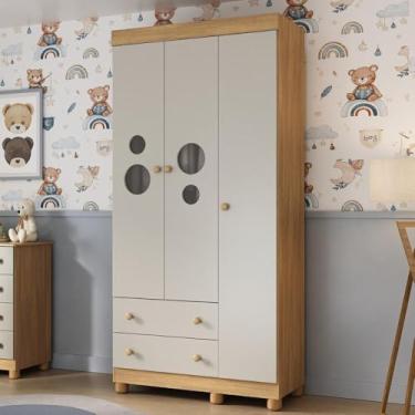 Imagem de Guarda-roupa Infantil 92cm com Vidro 3 Portas e 2 Gavetas Bombom Multimóveis Mp4462 Madeirado/off White