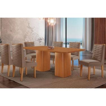 Imagem de Sala Jantar Mesa Maldivas Tampo Curvo 180cm+6 Cadeiras Dafne Madeira Naturale - Capuccino/Suede Capuccino - Rufato