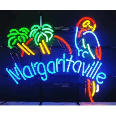 Imagem de Neon Signs for Wall Decor 20x24inch Margaritavilles Paradise Parrot Palm Tree Sign Beer Bar Pub Man Cave Business Glass Lamp Light Neon Tubing