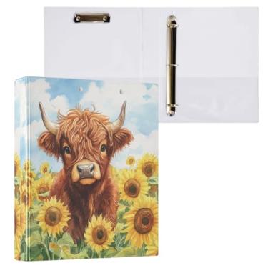 Imagem de ALAZA Fichário Highland Cow Girassóis com 3 anéis redondos de 3 cm com prancheta redonda com 3 bolsos interiores transparentes para trabalho em casa, escritório, 1 pacote