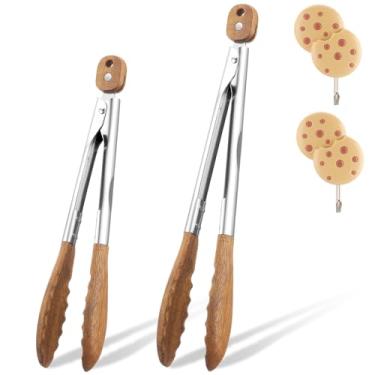 Imagem de Patelai Pinça de madeira para cozinhar com gancho, pinça de salada de aço inoxidável de cozinha de 38 e 29 cm com ponta para servir alimentos, torradeira, pão, pinça não tóxica, jogar salada, grelhar