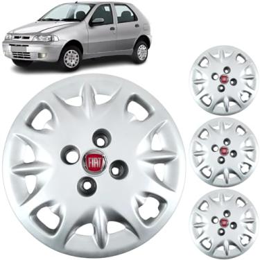 Imagem de Jogo 4 Calotas Aro 13 Fiat Palio Siena 1997 a 2008 Com Adesivo Logo Vermelho Resinado Grid 005CB