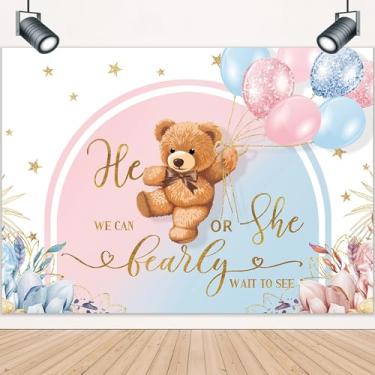 Imagem de LIGHTINHOME Pano de fundo revelador de gênero para ele ou ela, rosa ou azul, We Can Bearly Wait, desenho floral boêmio, urso fofo, decoração de fundo para chá de bebê, decoração de fundo, cabine