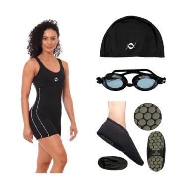 Imagem de Kit Macaquinho Natação Touca De Tecido Óculos Uv + Sapatilha Antiderrapante (Sapatilha Preto M - Óculos Preto, M)