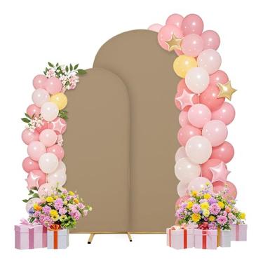 Imagem de Conjunto de capas de arco de casamento de 2 m, 1,8 m, capa de arco, suporte de arco, tecido elastano, pano de fundo elástico para decoração de festa de aniversário de casamento, chá de bebê (cáqui)