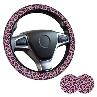 Imagem de Capa de volante rosa roxa com estampa de leopardo para mulheres e homens, antiderrapante, acessórios para carros, capas de volante, universal de 38 cm para carros, SUVS, inclui 2 porta-copos de