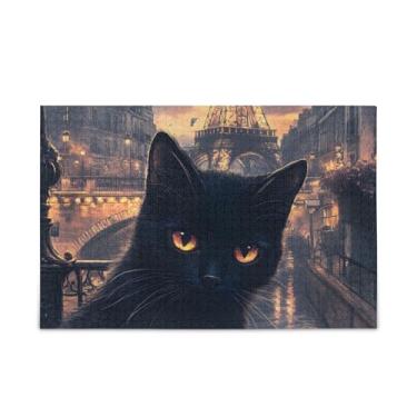 Imagem de Quebra-cabeça preto de 1000 peças de gato bonito, composto de papel e madeira para casais com bolsa de armazenamento