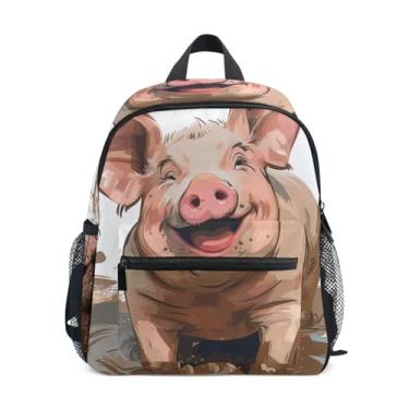 Imagem de GAIGEO Cute Piggy Smiling Mud Pig Toddlers Backpack 10x4x12 In, Boys Mini Backpack with Water Bottle Pockets, Whistle Buckle