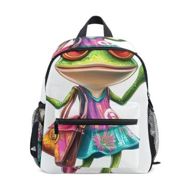 Imagem de GAIGEO Cute Lady Frog Animal Print Little Kid Backpack 10x4x12 In, Backpack for School Girls with Water Bottle Pockets, Whistle Buckle