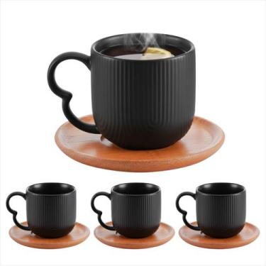 Imagem de Jogo 4 Xícaras Chá Café 190ml Cerâmica Preta Pires De Bambu Alça Coraç