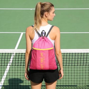 Imagem de Mochila feminina com cordão Cinch Sack com bolso para garrafa de água e dois bolsos com zíper, grande, para academia, esportes, viagem, ioga, praia, ao ar livre, rosa