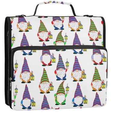 Imagem de Gnomos fofos fichários com 3 anéis de 3,5 cm D organizador de fichários escolares com alça de ombro pasta de portfólio de armazenamento com alça, 34,5 x 31,5 x 9 cm