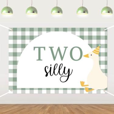 Imagem de Two Silly Goose Backdrop Goose Decorações de 2º aniversário, fundo de fotografia de ganso verde para meninas, tema animal de fazenda, artigos de decoração de festa de segundo aniversário