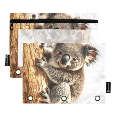Imagem de GAIGEO Bolsa de lápis de animal fofo urso coala 3 argolas fichário com zíper bolsas de lápis meninas pastas escolares bolsos transparentes com zíper 25 cm x 18 cm, 2 pacotes