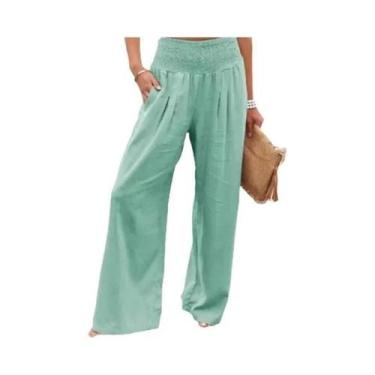 Imagem de Calças Casuais Femininas De Perna Larga Com Cordão Na Cintura Média Es