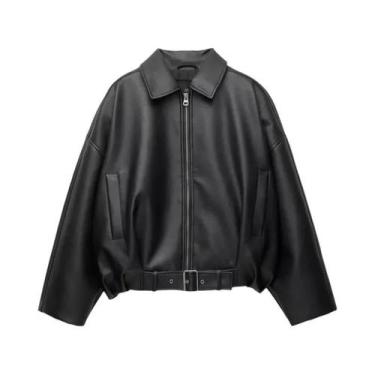 Imagem de Jaqueta Bomber Vintage Feminina Em Couro PU Com Zíper, Lapela, Manga L