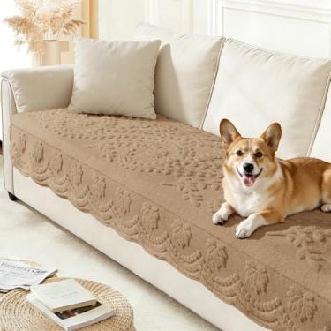 Imagem de Arfntevss Capa de sofá para cães Boho de pelúcia lavável para sofá com 3 almofadas, animais de estimação, protetor de móveis antiderrapante com 3 assentos (vinhas de pelúcia, marrom claro, 90 cm x 180