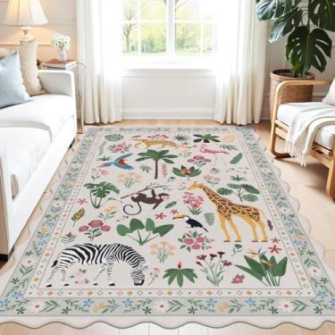 Imagem de U'Artlines Tapete com estampa de animais selvagens para sala de estar, tapete lavável de 1,5 x 2,1 m, tapete antiderrapante, tapete de animal bege macio para crianças, berçário, sala de jantar, sala