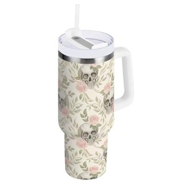 Imagem de SEHANY Copo de caveira e rosas de 850 g com alça, copo isolado de aço inoxidável a vácuo de parede dupla, caneca de café à prova de vazamento, copo isolado para viagem, cabe no suporte de copo de