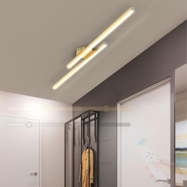 Imagem de GZZBMY Lâmpada de teto LED com controle remoto regulável moderna lâmpada de teto longa minimalista metal iluminação de teto para cozinha sala de estar quarto sala de jantar 3000 K-6500 K (dourado, 100