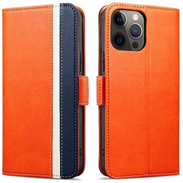 Imagem de EKESA Capa de telefone com suporte fólio, para Apple iPhone 14 Pro Case 2022 Imitação de Couro Fivela Magnética Flip Carteira Capa com Alça de Cordão de Pescoço (Cor: Laranja)