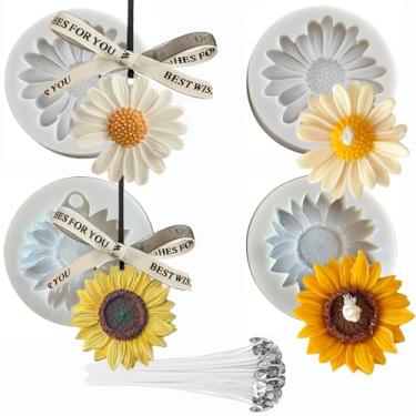 Imagem de Moonlik Pacote com 52 moldes de vela de silicone, formato de margarida e girassol, com 50 pavios de vela, para fabricação de sabão e artesanato artesanal