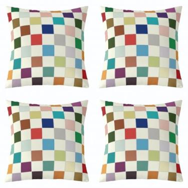 Imagem de Erosebridal Conjunto de 4 capas de almofada xadrez arco-íris para crianças, 50,8 x 50,8 cm, capas de almofadas coloridas quadriculadas coloridas para meninos e meninas adolescentes fronhas decorativas