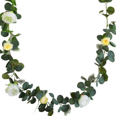 Imagem de Bairdish 2 peças de guirlanda de flor de peônia artificial amarela - 4,5 m de seda de peônias sintéticas com folhas de eucalipto, flores falsas decorativas para sala de estar, casa, casamento