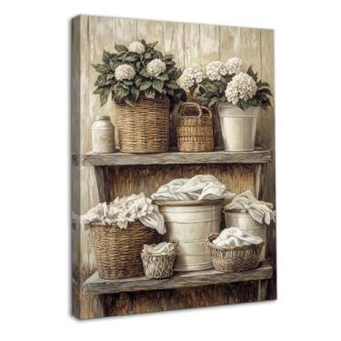 Imagem de Dazzlewall Decoração de parede de casa de fazenda vintage emoldurada, impressão de arte de cesta tecida floral rústica para lavanderia, banheiro, retrô, botânica, decoração de parede, 30 x 40 cm