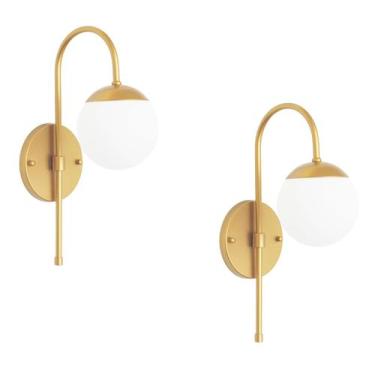 Imagem de kit 2 Arandelas Jabuticaba Curvada Dourada globo de vidro. - MV ILUMIN